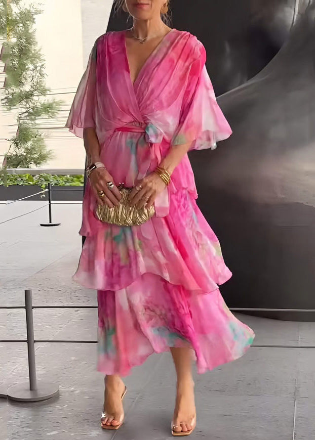 Cute Blue O-Neck Print Chiffon Long Dress Short Sleeve