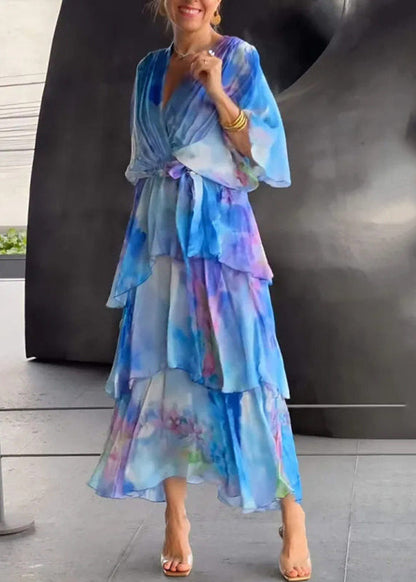 Cute Blue O-Neck Print Chiffon Long Dress Short Sleeve