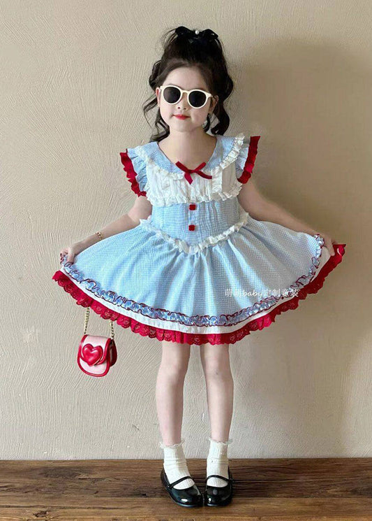 Cute Blue Peter Pan Collar Ruffled Patchwork Kids Vacation Long Dresses Summer