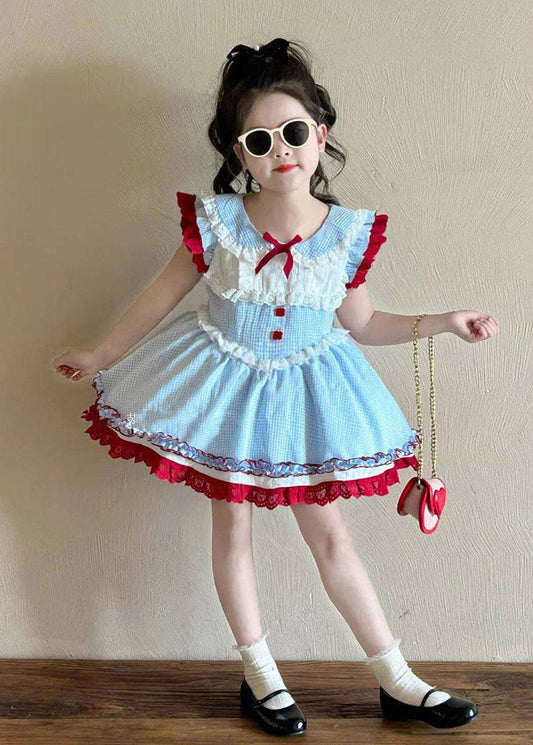 Cute Blue Peter Pan Collar Ruffled Patchwork Kids Vacation Long Dresses Summer