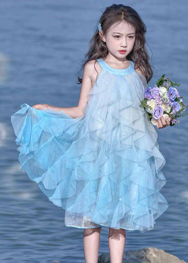 Cute Blue Sequins Tulle Kids Girls Maxi Dresses Summer