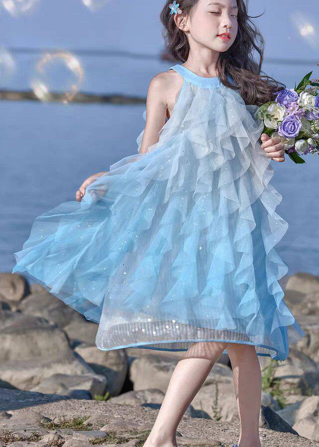 Cute Blue Sequins Tulle Kids Girls Maxi Dresses Summer
