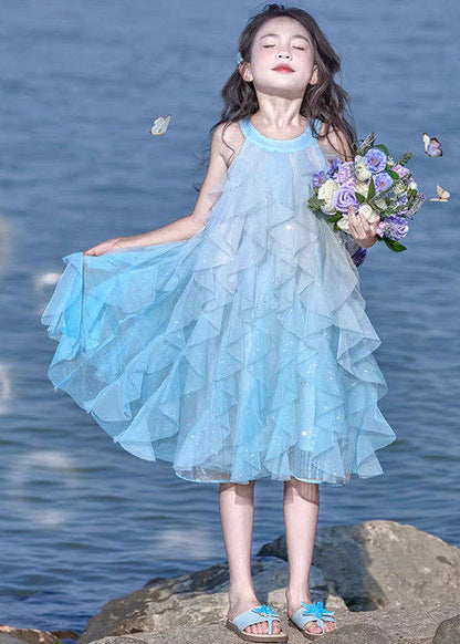Cute Blue Sequins Tulle Kids Girls Maxi Dresses Summer