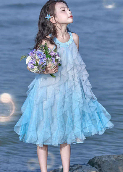 Cute Blue Sequins Tulle Kids Girls Maxi Dresses Summer
