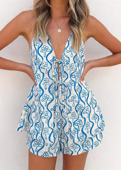 Cute Blue V Neck Tie Lace Top And Shorts Two Pieces Set Summer
