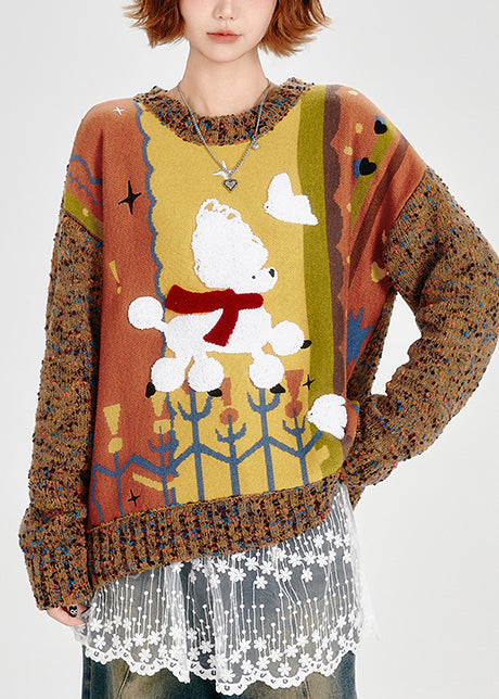 Suéter de punto grueso con patchwork de gran tamaño marrón bonito para invierno