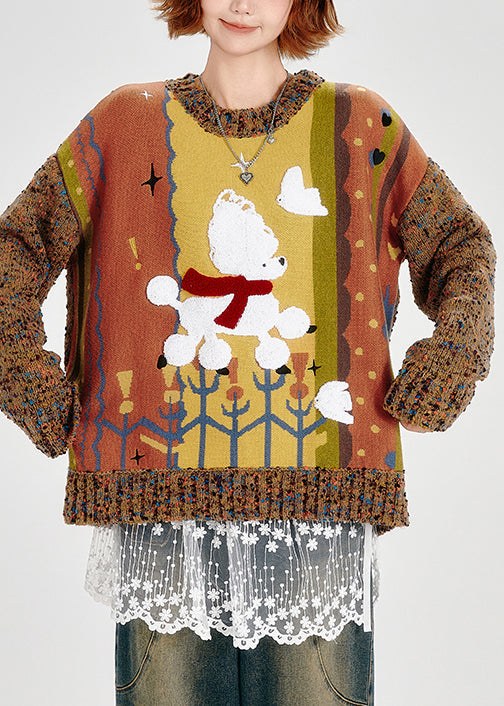 Suéter de punto grueso con patchwork de gran tamaño marrón bonito para invierno