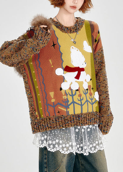 Suéter de punto grueso con patchwork de gran tamaño marrón bonito para invierno