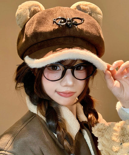 Cute Coffee Cartoon Glasses Suede Winter Warm Breton Hat