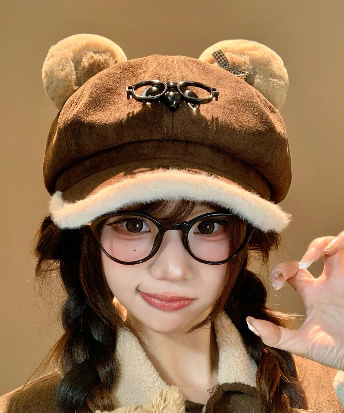 Cute Coffee Cartoon Glasses Suede Winter Warm Breton Hat