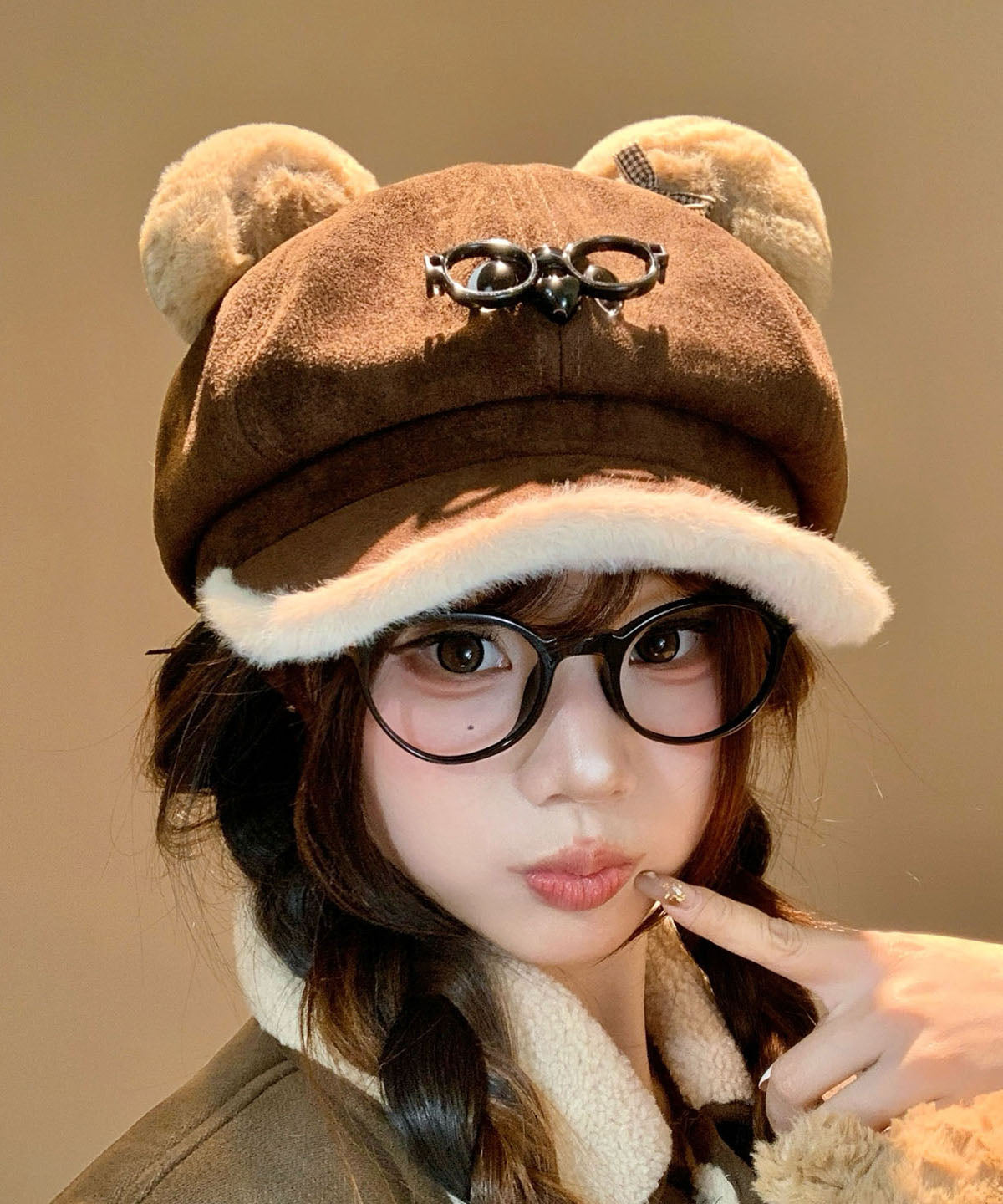 Cute Coffee Cartoon Glasses Suede Winter Warm Breton Hat