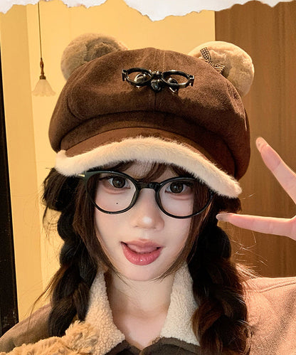 Cute Coffee Cartoon Glasses Suede Winter Warm Breton Hat