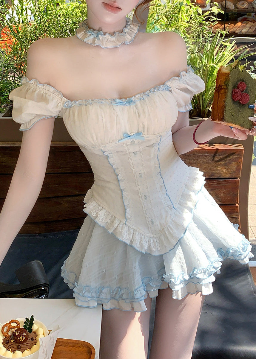 Cute Cold Shoulder Ruffled Patchwork Cotton Two Pieces Set Summer