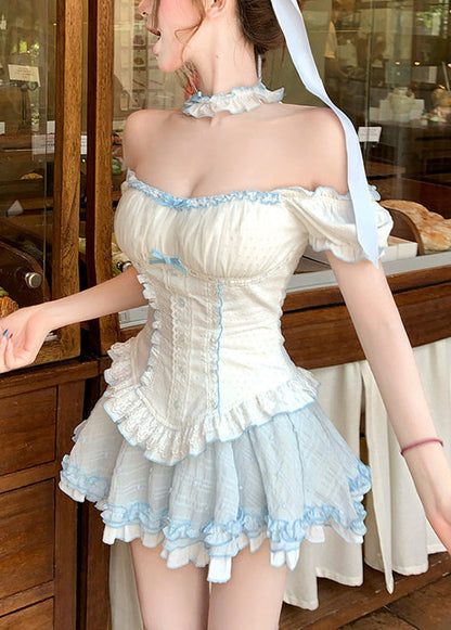 Cute Cold Shoulder Ruffled Patchwork Cotton Two Pieces Set Summer