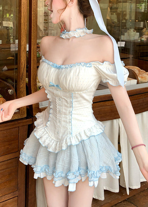 Cute Cold Shoulder Ruffled Patchwork Cotton Two Pieces Set Summer