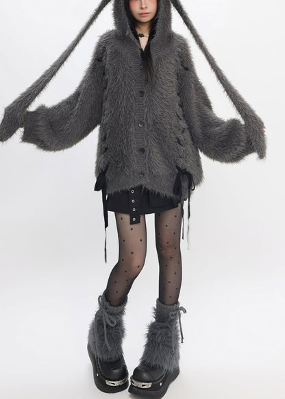 Cute Dull Grey Hooded Rabbit Faux Mink Hair Knit Loose Coat Winter