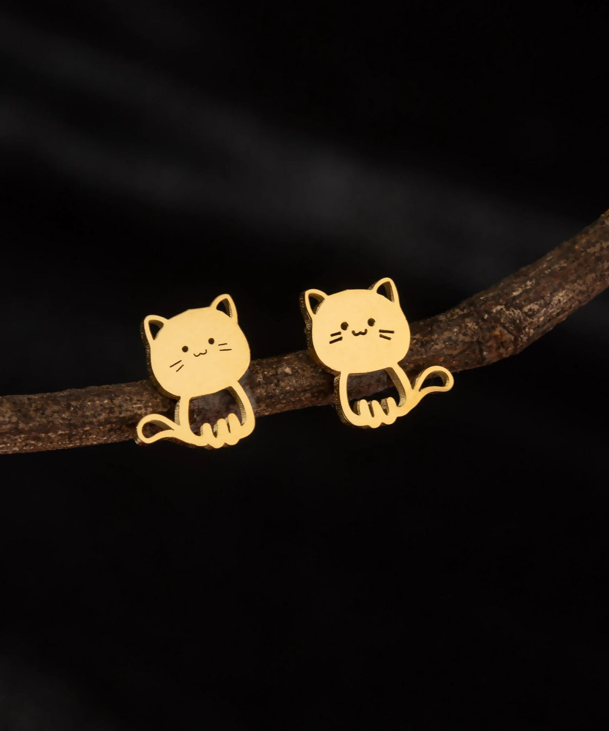 Cute Gold Pair Cartoon Stainless Steel Kitten Stud Earring