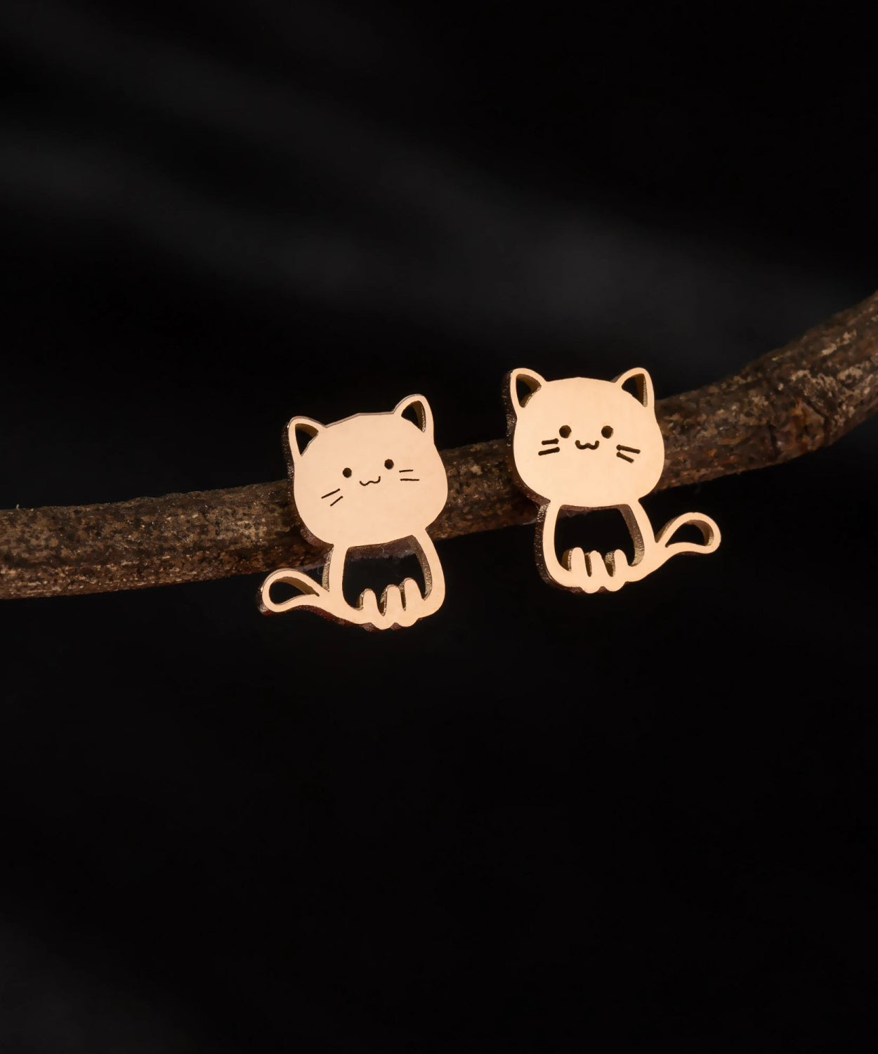 Cute Gold Pair Cartoon Stainless Steel Kitten Stud Earring