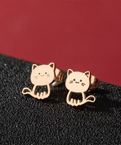 Cute Gold Pair Cartoon Stainless Steel Kitten Stud Earring
