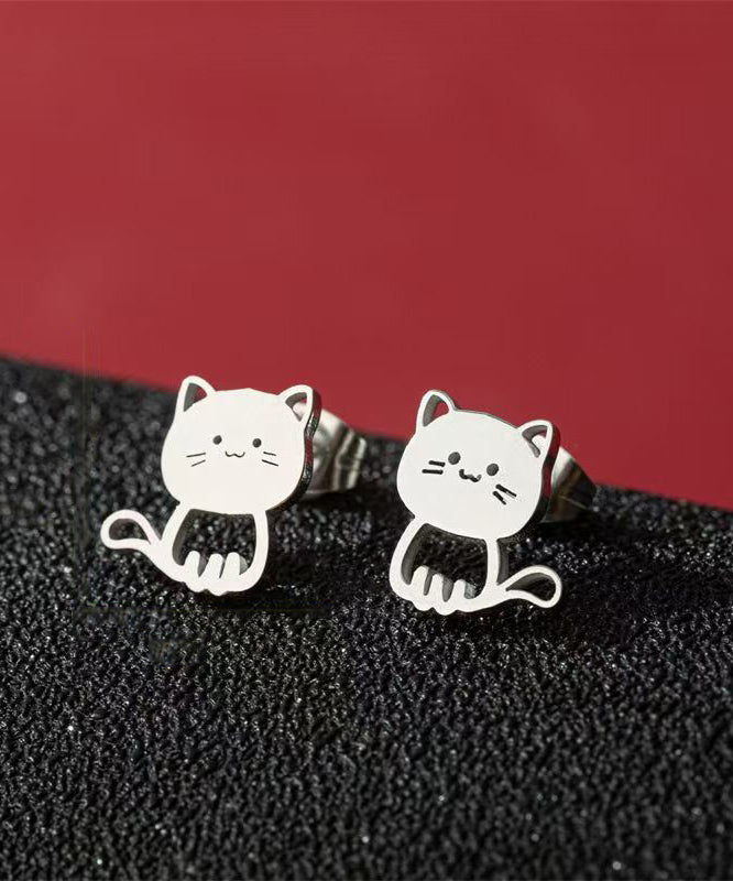 Cute Gold Pair Cartoon Stainless Steel Kitten Stud Earring
