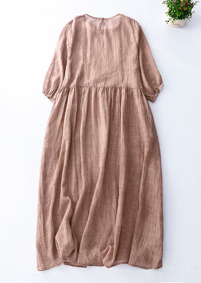 Süßes grünes O-Ausschnitt Patchwork Maxikleid aus festem Leinen mit kurzen Ärmeln