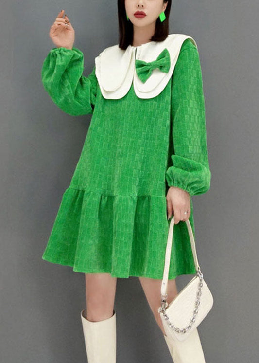 Süße grüne Peter Pan Kragen Schleife Plaid Velour Kleider Frühling