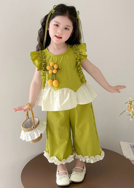 Cute Green Ruffled Patchwork Sunflower Girls Top And Wide Leg Pants Two Pieces Set Summer