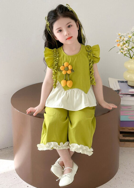 Cute Green Ruffled Patchwork Sunflower Girls Top And Wide Leg Pants Two Pieces Set Summer