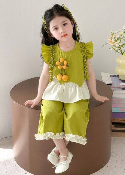 Cute Green Ruffled Patchwork Sunflower Girls Top And Wide Leg Pants Two Pieces Set Summer