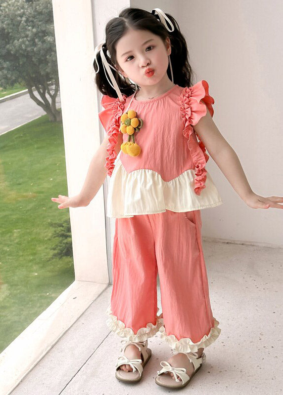 Cute Green Ruffled Patchwork Sunflower Girls Top And Wide Leg Pants Two Pieces Set Summer
