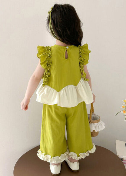 Cute Green Ruffled Patchwork Sunflower Girls Top And Wide Leg Pants Two Pieces Set Summer