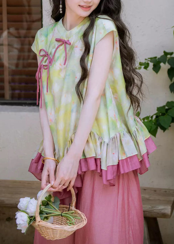 Cute Green Ruffled Patchwork Top And Wide Leg Pants Two Pieces Set Summer