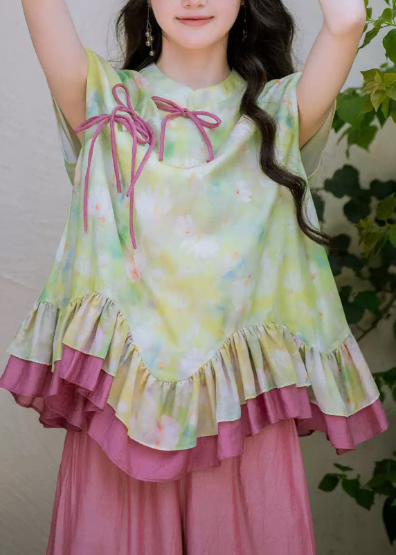 Cute Green Ruffled Patchwork Top And Wide Leg Pants Two Pieces Set Summer
