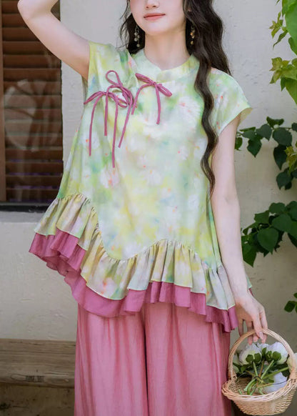 Cute Green Ruffled Patchwork Top And Wide Leg Pants Two Pieces Set Summer