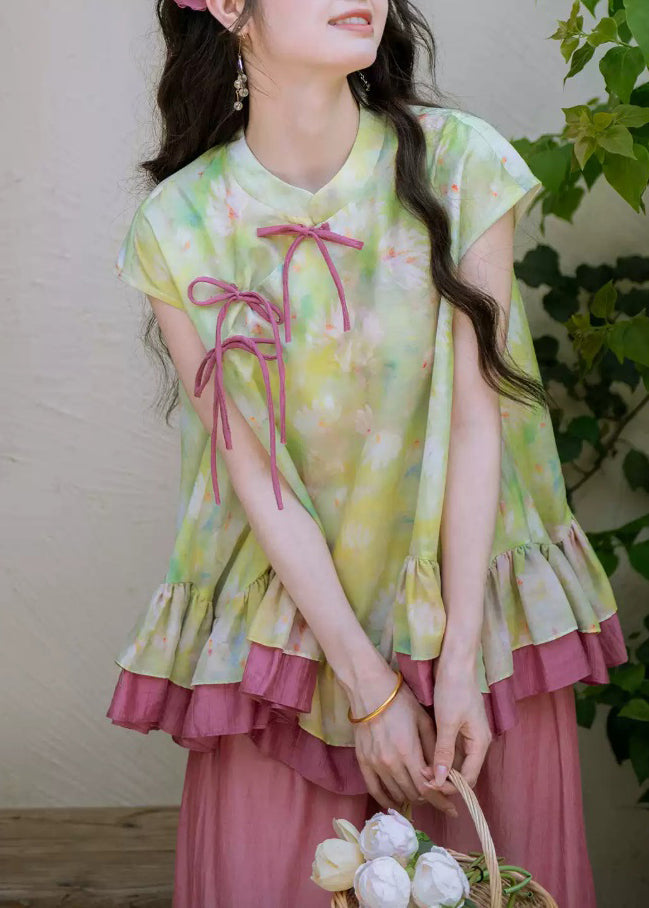 Cute Green Ruffled Patchwork Top And Wide Leg Pants Two Pieces Set Summer