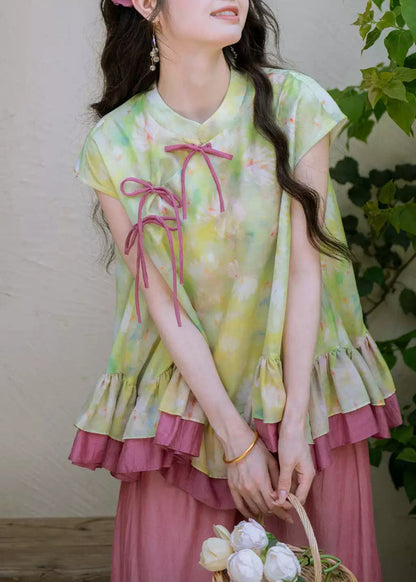 Cute Green Ruffled Patchwork Top And Wide Leg Pants Two Pieces Set Summer
