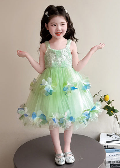 Cute Green Sequins Floral Tulle Kids Girls Holiday Dress Summer