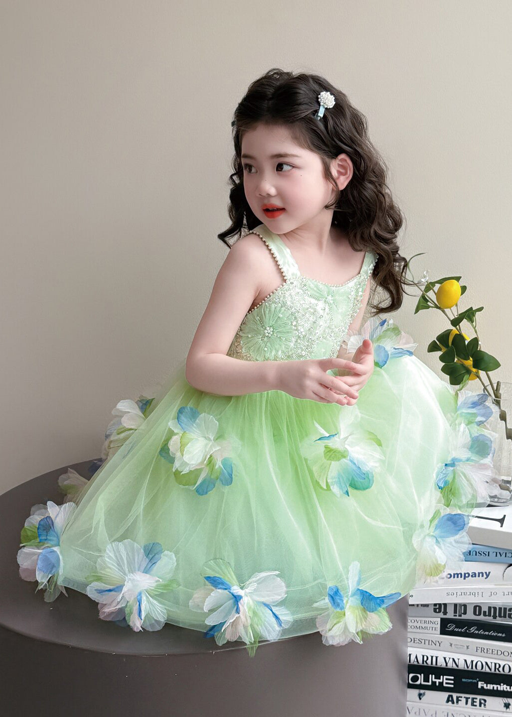 Cute Green Sequins Floral Tulle Kids Girls Holiday Dress Summer