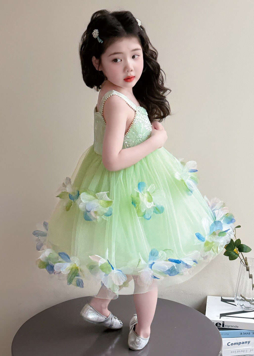 Cute Green Sequins Floral Tulle Kids Girls Holiday Dress Summer