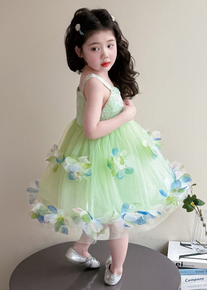 Cute Green Sequins Floral Tulle Kids Girls Holiday Dress Summer