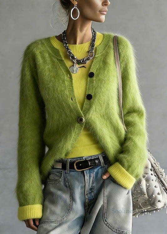 Cute Green V Neck Cotton Knit Cardigan And Top Two Pieces Set Spring