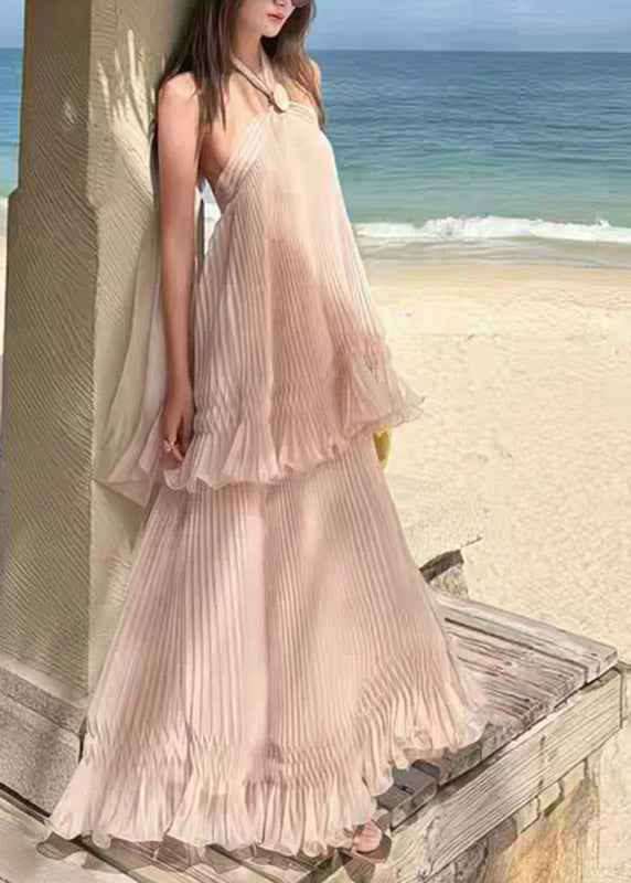 Cute Halter Patchwork Backless Fake Two-Piece Vacation Long Dresses Sleeveless