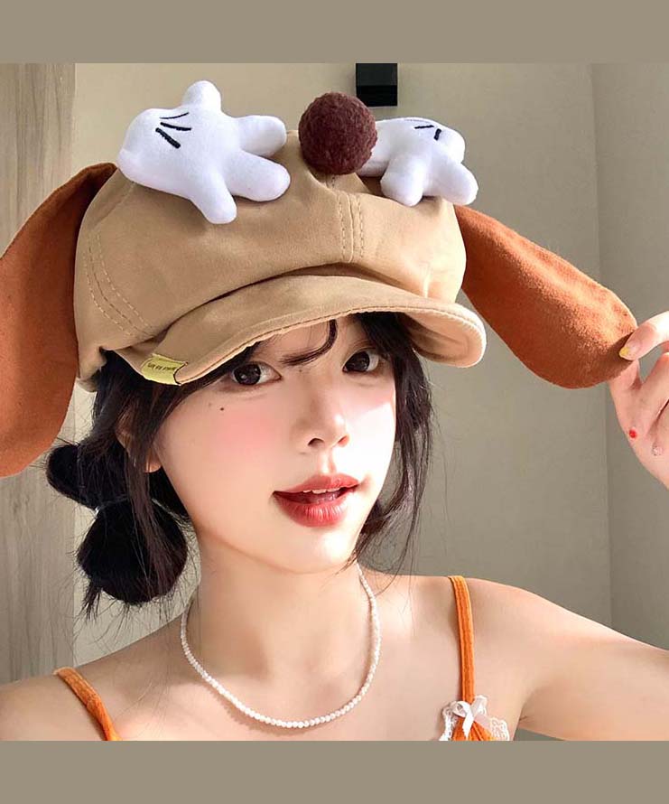 Cute Khaki Cartoon Dog Ears Versatile Breton Hat