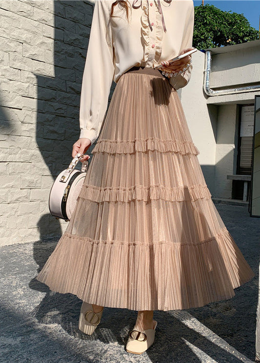 Niedlicher Khaki High Waist Wrinkled Tulle Cake Rock Frühling