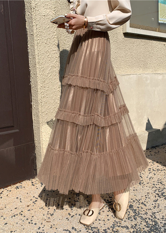 Niedlicher Khaki High Waist Wrinkled Tulle Cake Rock Frühling