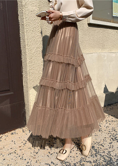 Niedlicher Khaki High Waist Wrinkled Tulle Cake Rock Frühling