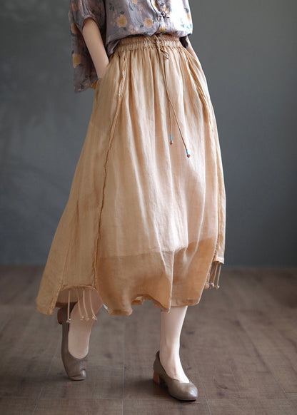 Süße Khaki Patchwork elastische Taille solide Ramie A Linie Röcke Sommer