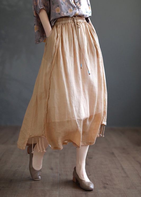 Süße Khaki Patchwork elastische Taille solide Ramie A Linie Röcke Sommer