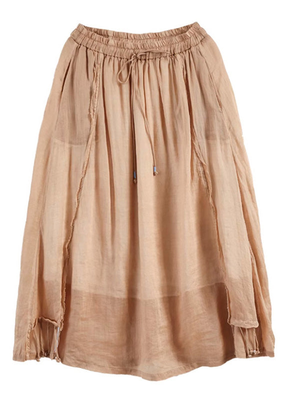 Süße Khaki Patchwork elastische Taille solide Ramie A Linie Röcke Sommer