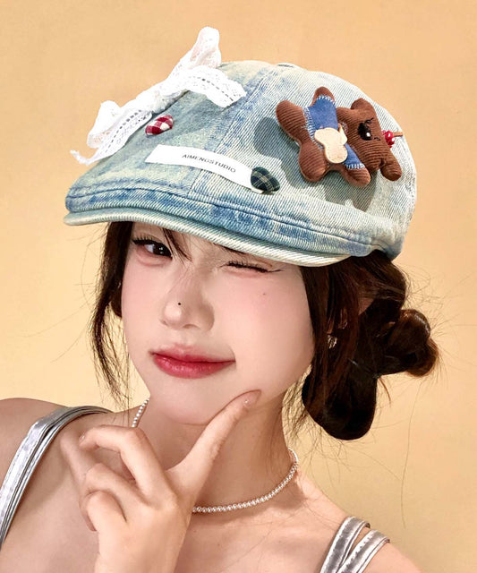 Cute Light Blue Bow Cartoon Bear Cowboy Beret Hat